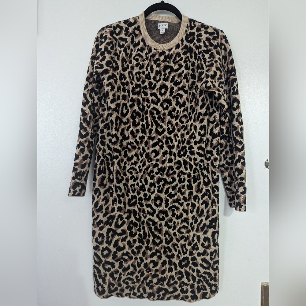 J. Crew Leopard Print Knit Sweater Dress Long Sleeves Crew Neck Size Medium